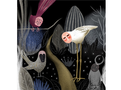 Birds Theatre art artwork birds black booksforkids character creepy dark design digital fairytale fantasy forest illustration kids magic mask night theatre