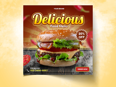 Delicious Burger Social Media Design advertising banner burger delicious design fast fastfood feed flyer food fried humberger meal meat media post sandwich social tasty template