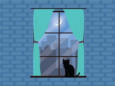 Cat in the window cat design flat flatdesign graphic design illustration night window