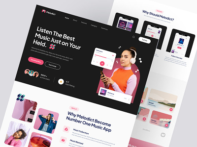 Melodict - Music Streaming Landing Page about category clean features hero section landing page lyrics music music stream music streaming landing page playlist popular promotion landing page top songs trending ui uiux ux website