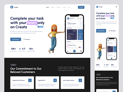 Creatz - Responsive Website Landing Page clean landing page mobile app mobile design project responsive responsive website task task management ui ui design ux web design