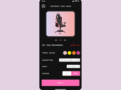 Customise product - DailyUI challenge #33 Second screen app custom customize dailyuichallenge design gaming gamingchair insppiration kawaii mobile nikoleta angelova pink product setup ui ux