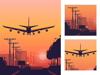 Flying off into the sunset city evening flight illustration plane sunset take off