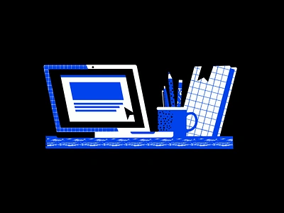 Minimalist Work Station blue book cup cursor illustration laptop minimalist pencil pens vector work place workspace workstation