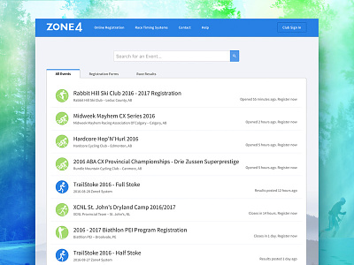 Zone 4 homepage list outdoors search skiing sports timing ui ux web web design