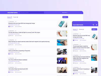 Nocoder News - UI Design app design design figma interface design news news aggregator purple ui ui cards ui design ui inspiration ui ux ux
