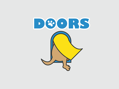 Pet Doors blue branding cartoon logo outline pets yellow