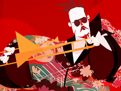 Freddy's Bone digital illustration kimono music red trombone