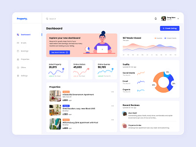 Vacation Home Rental Dashboard admin airbnb analytics app bookings charts dashboard dashboard ui design home rental illustration interface listings properties social media ui user experience vacation vacation rental webdesign