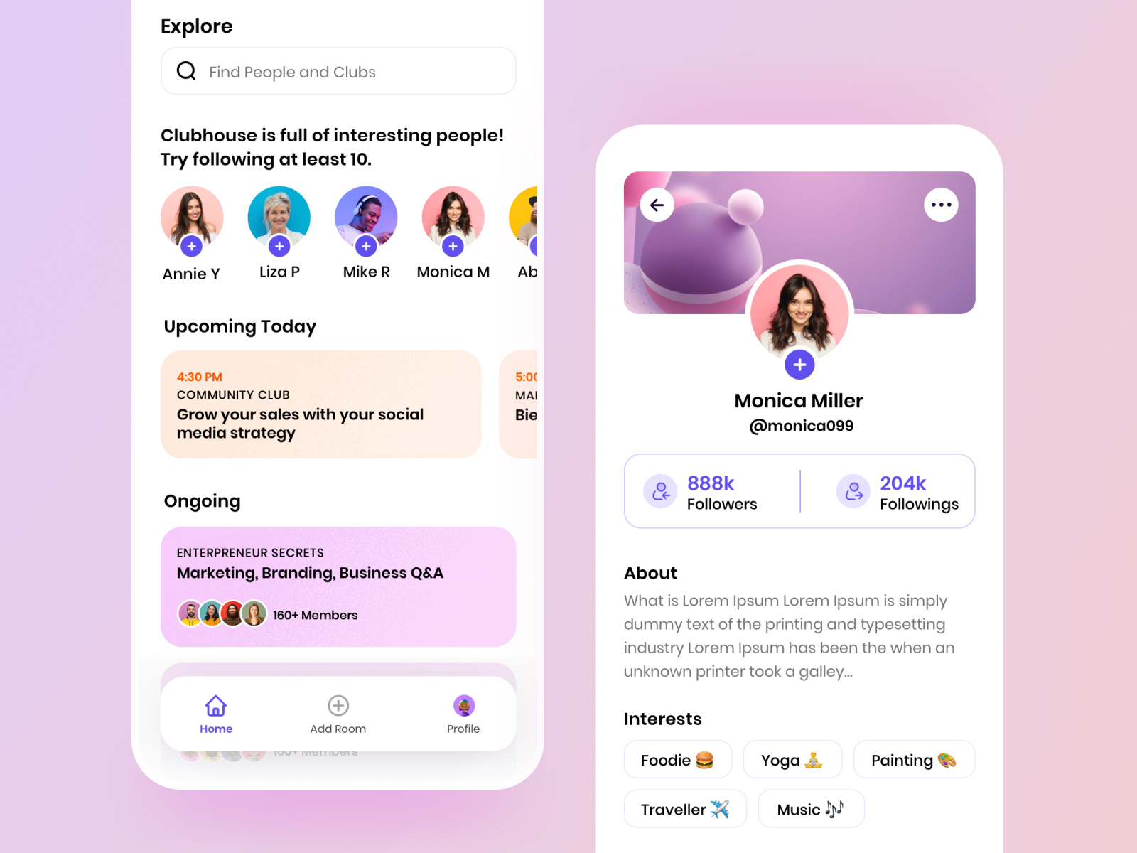 Clubhouse - Social Media App UI by Mahima Mahajan on Dribbble