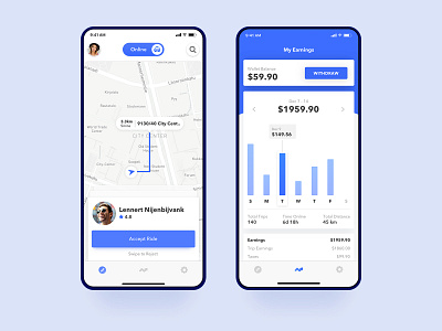 Uber Driver Accept Ride and Earnings UI Concept dashbaord dashboard ui driver app earning earnings gradient interaction interface ios location app navigation purple ratings ride app statistics taxi app uber design ui uidesign ux