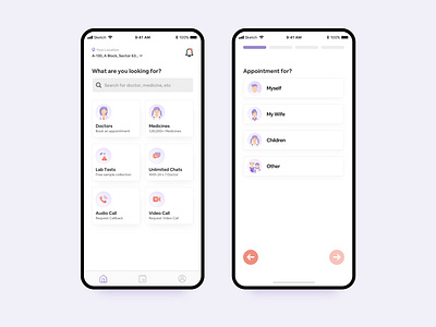 Book Doctor Appointment Online Homepage & Choose Patient app booking dailyui flat health health app health care healthcare icons illustration interface ios light minimal practo simple ui ux vector zocdoc