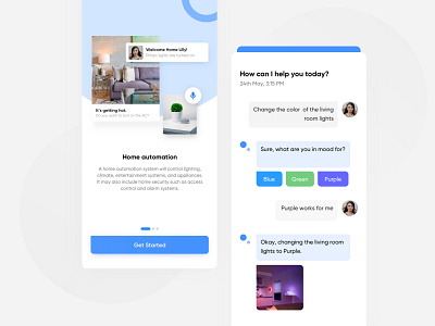 Smart Home UI Concept app appdesign assistant chat chatbot clean design googlehome home interface ios iphone light minimal onboarding ui purple smart home smart home app ui ux
