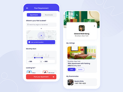 Find your next roommate - WIP apartment app app design filter flat booking flatmate housemate interface ios iphone minimal mobile post requirement profile real estate app room booking roommate ui user experience ux