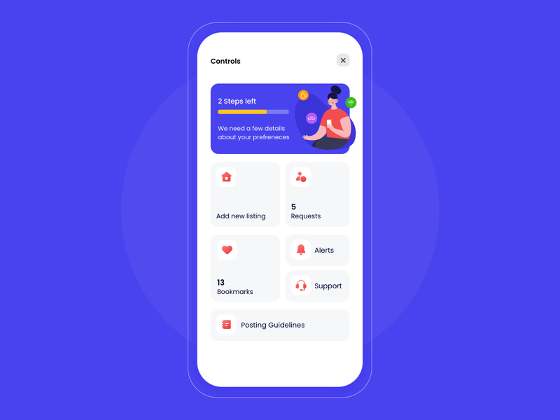 Find your next roommate - Controls app bookmart design flat flatmate interface ios iphone listing minimal notification notification center profile profile design support ui user experience ux