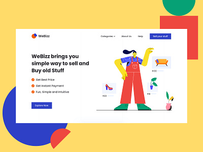 Homepage Hero Design - Sell and Buy Old Stuff branding buy and sell design hero banner homepagedesign illustration interface landing page product page purple typography ui user experience ux web design yellow