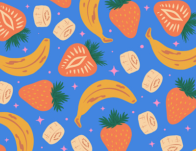 Food Pattern - Strawberry Banana banana blue digital art food fruit graphic design illustration pattern smoothie snacks strawberry