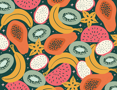 Food Pattern - Tropical Fruit banana digital art dragon fruit earth tones food fruit graphic design illustration kiwi pattern starfruit tropical watermelon