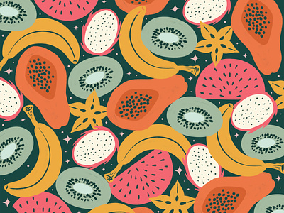 Food Pattern - Tropical Fruit banana digital art dragon fruit earth tones food fruit graphic design illustration kiwi pattern starfruit tropical watermelon