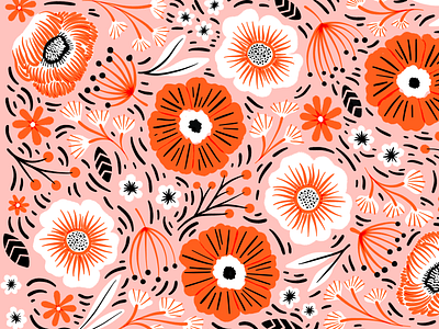 Botanical Pattern - Pink & Orange Florals and Foliage 3 botanical illustration digital art floral illustration floral pattern graphic design illustration orange pattern pink surface pattern