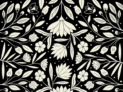 Botanical Pattern - Black and White Foliage 3 black and white botanical digital art fire flies floral flowers foliage graphic design illustration pattern surface pattern