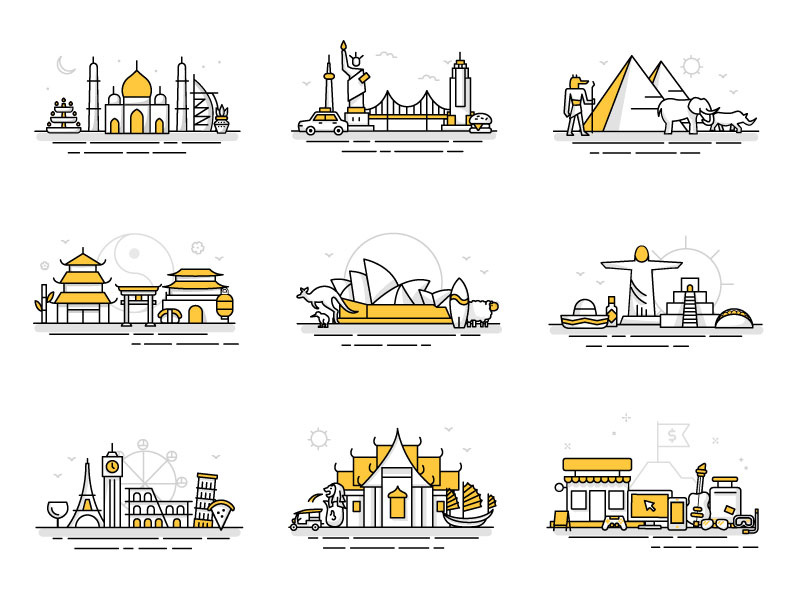 Landmark icons travel landmark new zealand statue of liberty south america north america australia europe southeast asia