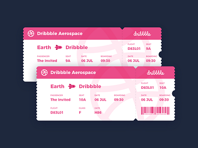 2x Dribbble invites card dribbble free invitation invitations invites pink plane ticket