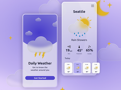 Weather App app design glass morphism illustration purple purple color pallette ui user interface weather app weather forecasts weather icons weather illustrations