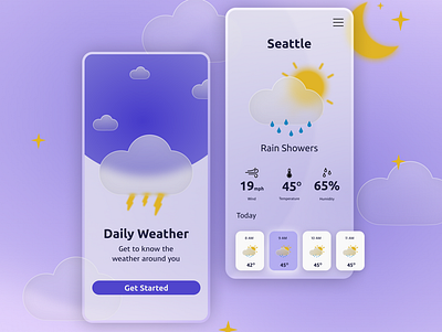 Weather App app design glass morphism illustration purple purple color pallette ui user interface weather app weather forecasts weather icons weather illustrations