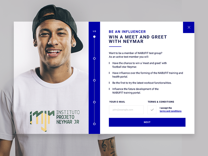NABUFIT Influencer modal sign up checkbox form input bullets sports flow progress modal