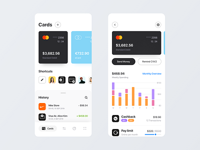Online Banking App analytics app back app bank black card cashback credit debit interface ios minimal mobile online banking statistics ui ux wallet wip