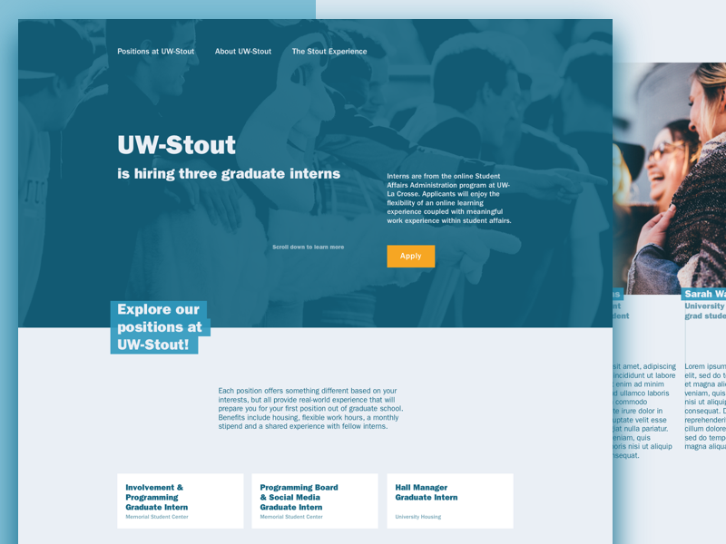 UW-Stout Graduate Intern Micro-Site microsite blue graphic design webdesign uw-stout ux ui college design site homepage