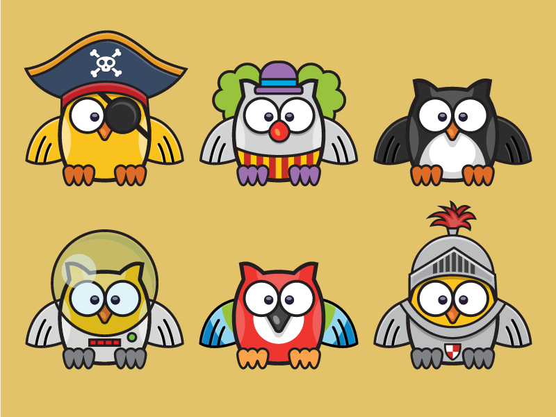 The Owl pirate parrot astronaut knight penguin clown bird owl illustration