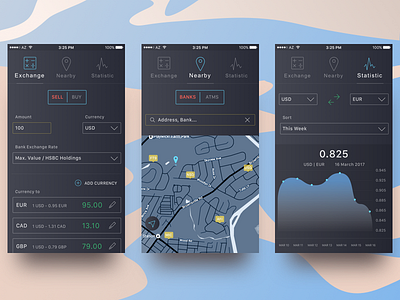 Currency App iOS - 3 main menu screens app currency exchange finance ios ios design pixel perfect sketch ui ux vector