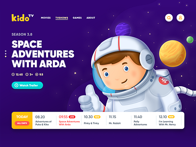 KidoTV_3 astronaut cartoon channel concept design kids show space star tv ui