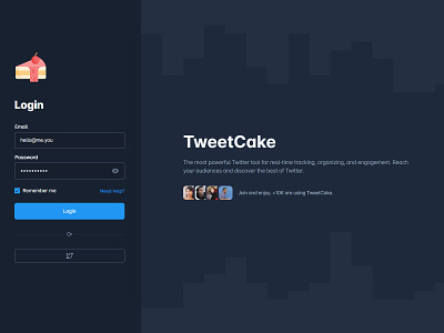 TweetCake Login adobe xd dark dark mode design login logout register sign in sign up social social login tweet twitter ui ux