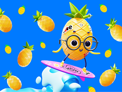 Fruit character | Pineapple 3d blender character design fruit illustration pineapple relax surfboard surfing wave