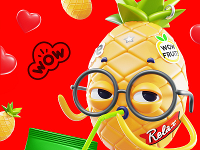 Fruit character | Juicy Pineapple 3d blender character design drink fruit glasses happy heart illustration juice love man pineapple relax