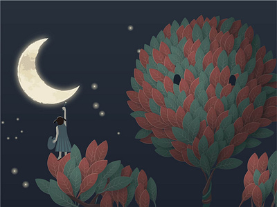 Calm night calm little girl moon night painting tree