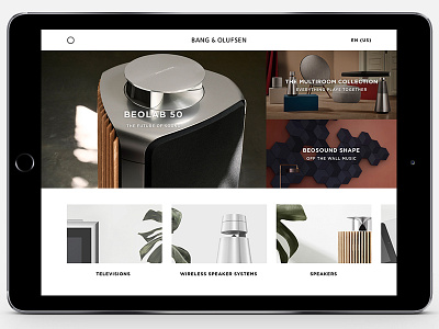 B&O iPad app proposal app bang and olufsen home page ipad layout menu music products sketch speaker technology tiles