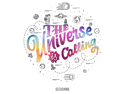 The universe is calling. Letterin calligraphy doodle lettering space typography universe watercolor