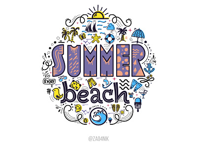 Summer beach doodle lettering doodle icon lettering summer