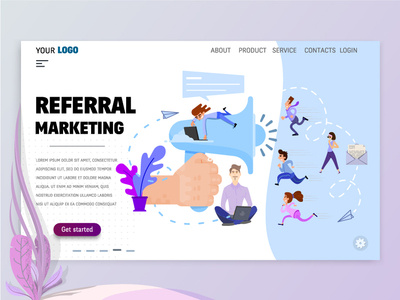 Referral advertising attraction bring a friend business characters customers flat style graphic design homepage illustration landing page marketing microsoft referral running template vector art
