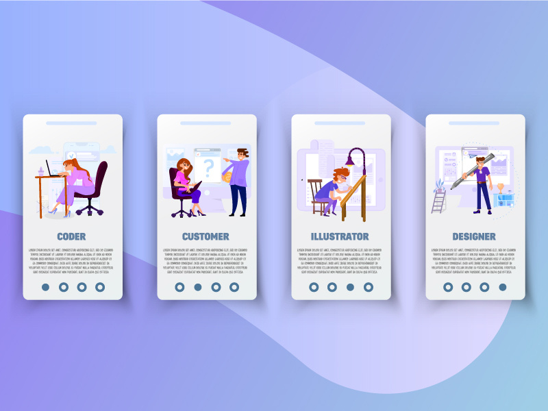 Advertising agency design flat style vector art marketing illustrator character client coder programmer designer staff advertising agency onboarding screens