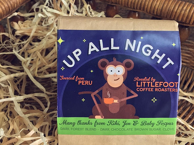 Up All Night baby shower coffee custom illustration monkey packaging