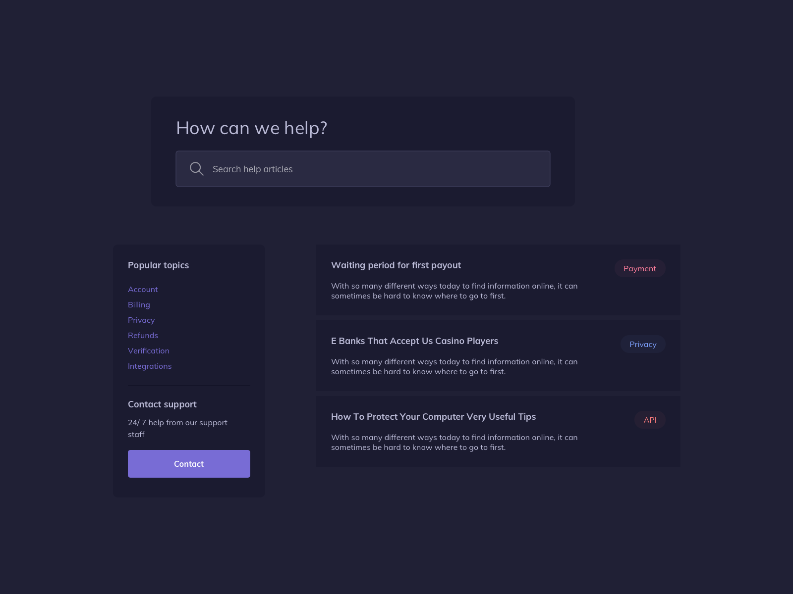 Ui support. Support Page Design.