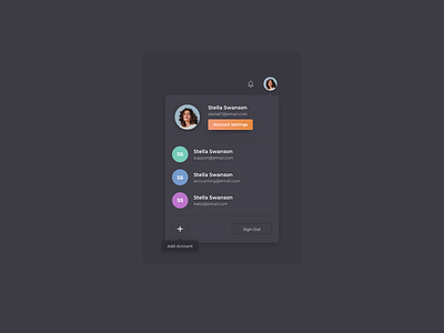 Profile Panel UI Design account account settings daily ui dailyui dark theme dropdown ildiesign ildiko ignacz night mode profile redesign ui ui design ui pattern ui practice ux ux design