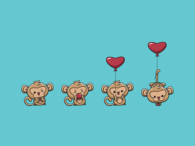 cute monkey playing with love balloons animal branding cute design flat graphic design i love you icon illustration logo love monkey sticker valentine vector