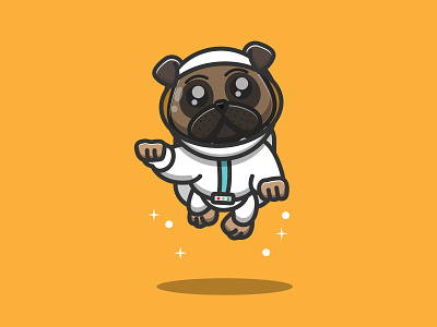Astronaut pug dog in action astronaut cute design dog flat fun galaxy graphic design happy icon illustration logo pu dog pug sky star vector white