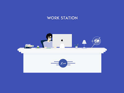 Work Station Illustration book character design globe illustration monitor pen pencil table lamp